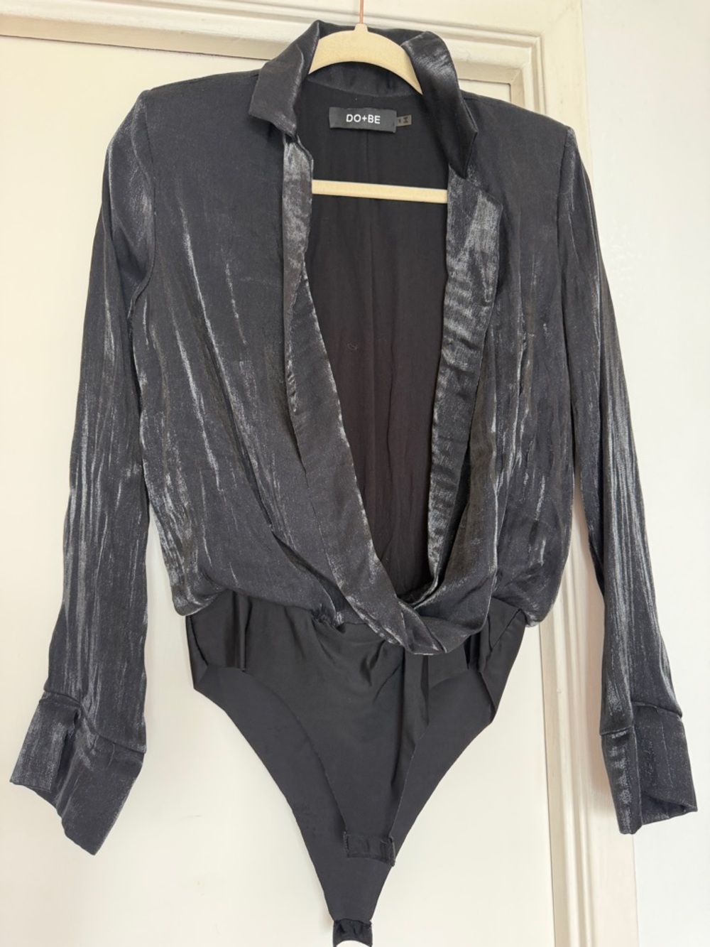 DO+BE Black Shimmer Draped V-Neck Bodysuit